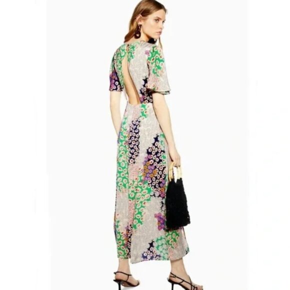 Topshop Austin Floral Print Multicolored Angle Sleeve Open Back Dress Size 4 - Picture 3 of 14
